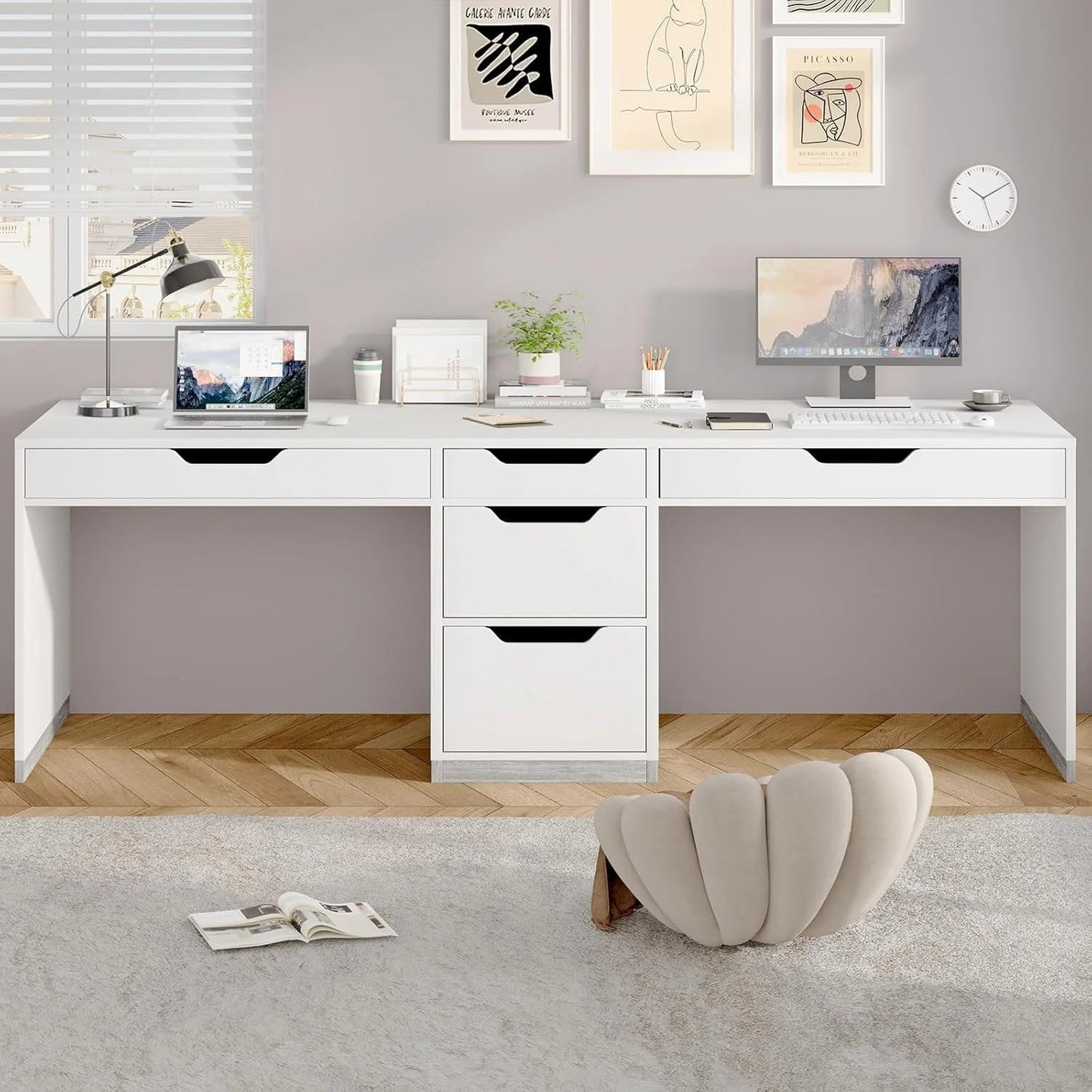 78 Inch Two Person Desk, 2 Person Desk with 5 Drawers, Double Desk for Two People, Computer Desk for Home Office, White