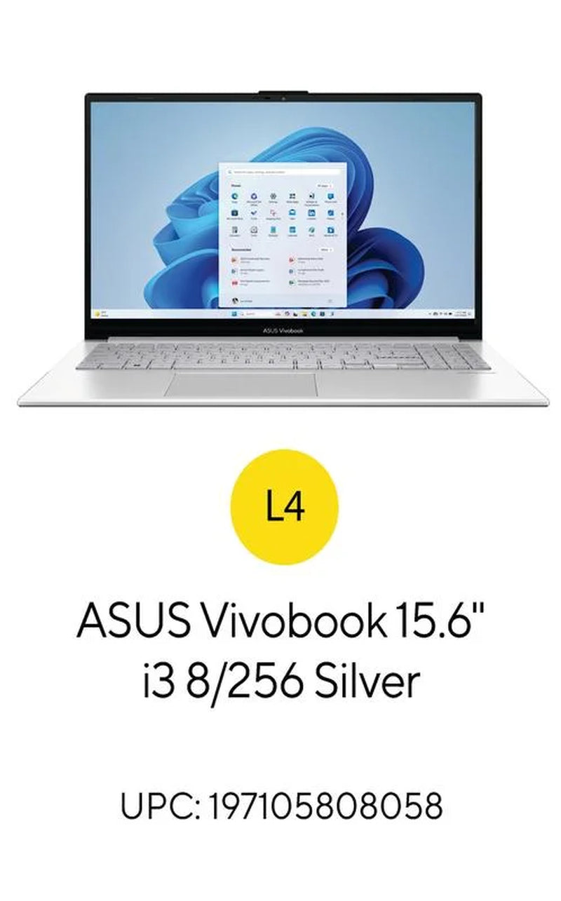 Vivobook Go 15.6” FHD Laptop with Intel I3-N305, Intel UHD Graphics, 8GB RAM, 256GB UFS, Cool Silver