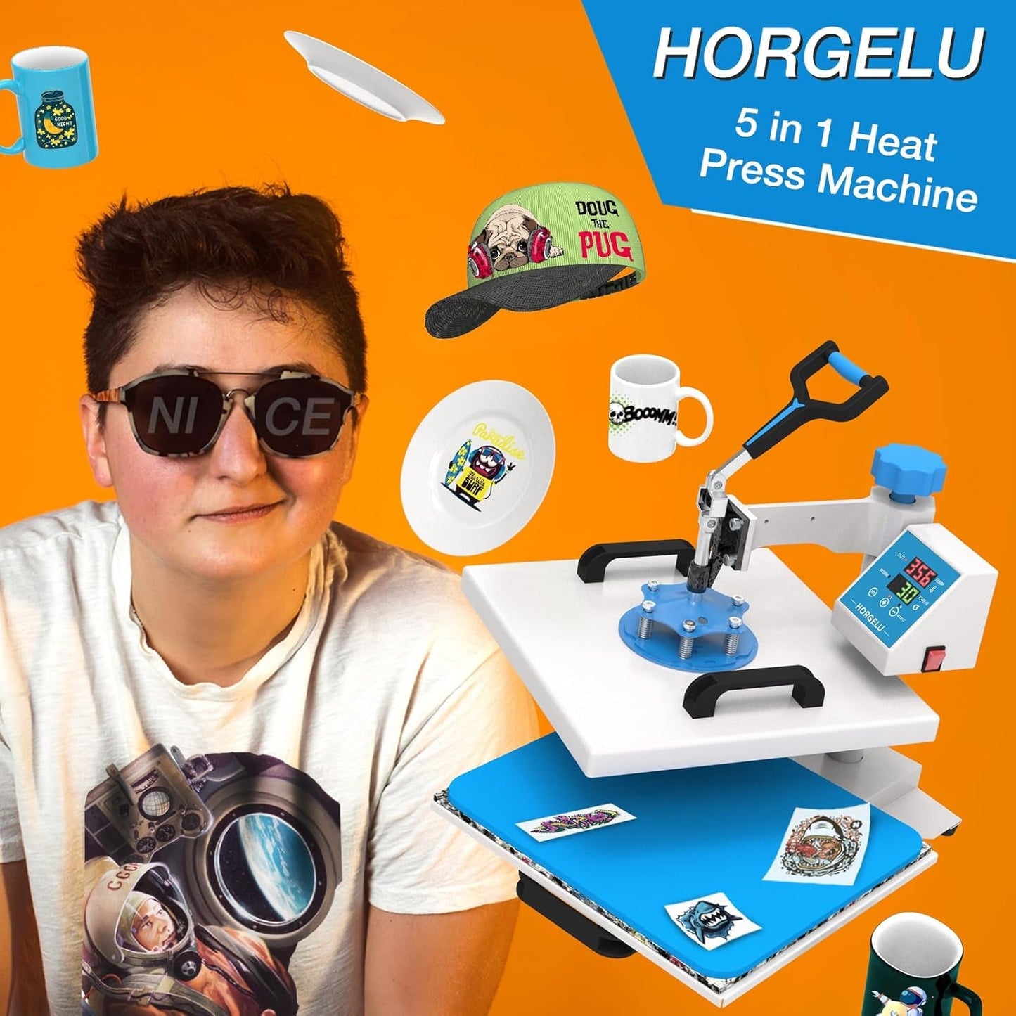 Horgelu 5 in 1 Heat Press Machine 15X15 Inch Heat Transfer Machine 360-Degree Swing Away Multifunction Digital Sublimation Combo Heat Press for T Shirt Mug Hat Plate for Commercial Home 110V