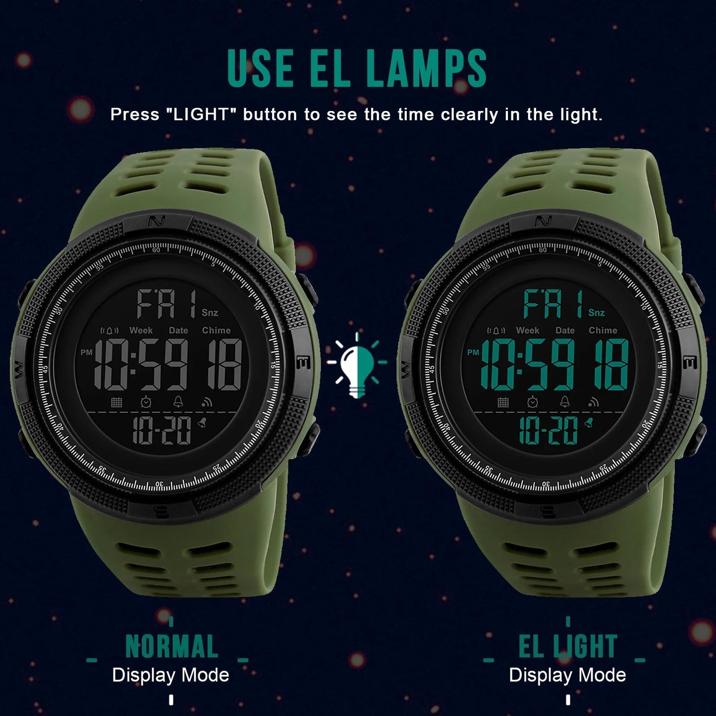 Men'S Watch Waterproof Digital Sport Watch Military Digital Watches for Men Alarm Back Light Classic Large Face Watch Army Green