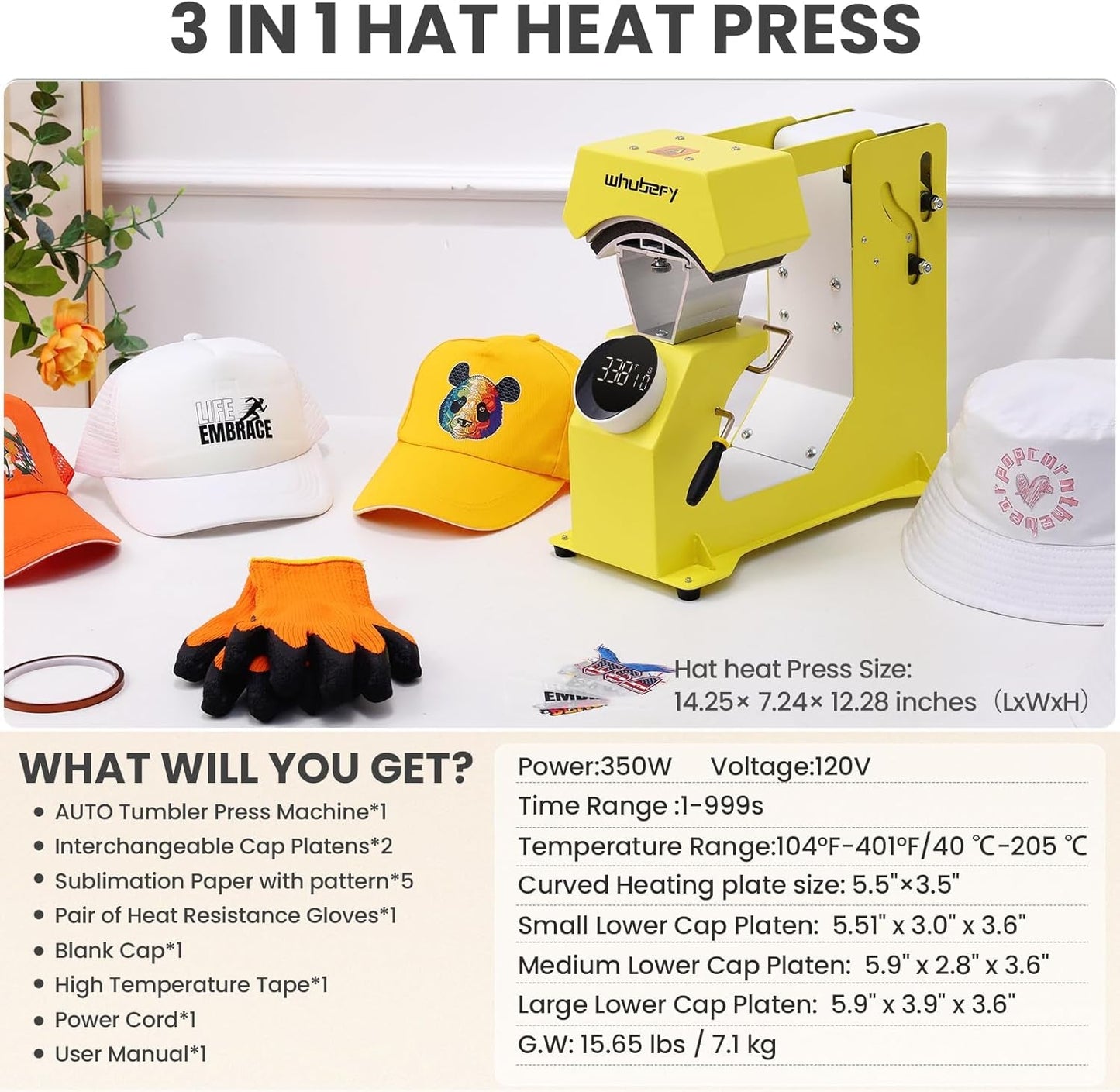 Whubefy 3In1 Hat Press Heat Machine for Caps - Auto Hat Heat Press W/3 Platens - No Crease No Stick - One-Touch Easy Press Cap Heat Press for Hats T-Shirts Small HTV Iron on Vinyl Sublimation Projects
