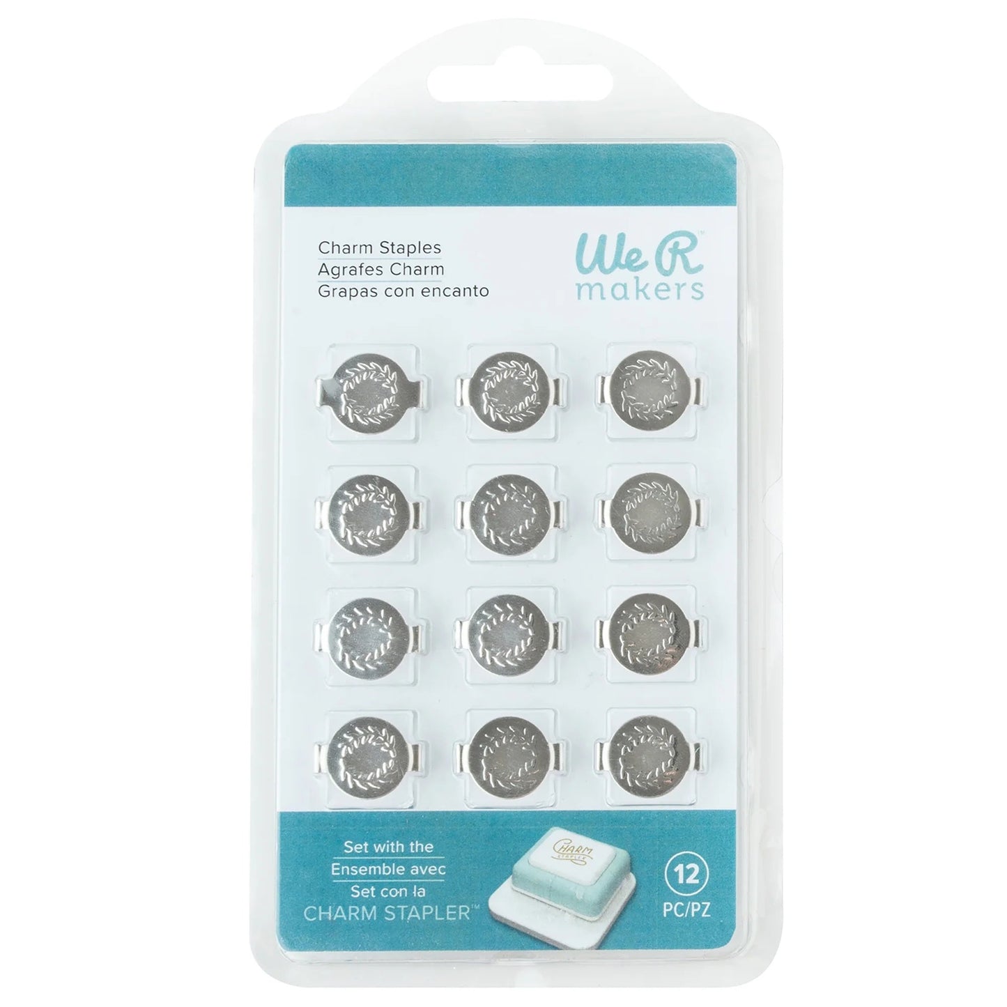 We R Charm Stapler Charm 12/Pkg-Silver round with Leaf Emboss