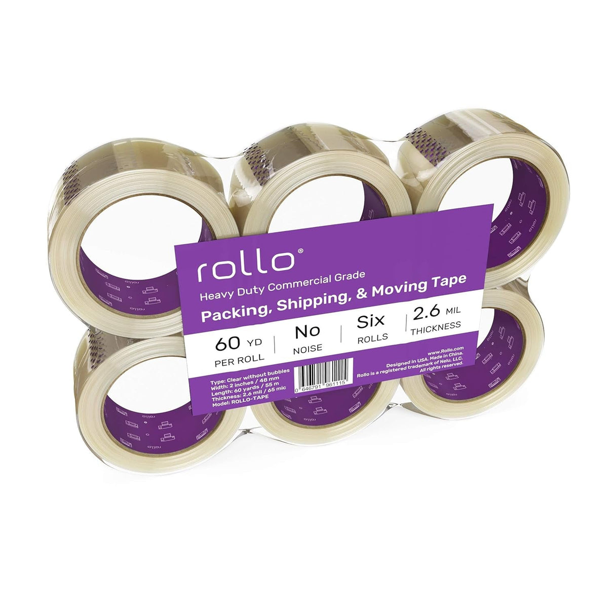 Rollo No Noise Packing Tape - Silent Shipping Tape 60 Yards X 2" Wide X 2.6 Mil Thick (6 Refill Rolls) - Clear Heavy Duty Industrial Quiet Tape for Packaging, Shipping, Moving, Storage with No Bubbles