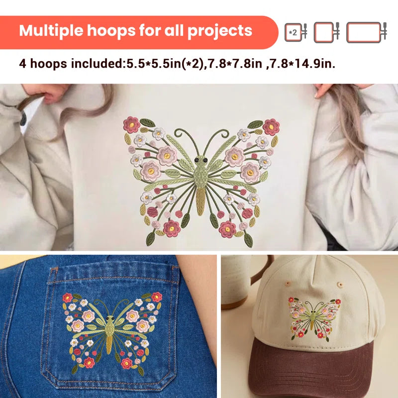 Poolin EOC07-RE Computerized Embroidery Machine 7.8In*14.9In Max Embroidery Area with 4 Hoops, 7 Inch LCD Touchscreen, 8 Fonts,12 Languages,200 Fancy Patterns, USB & Wireless, Software