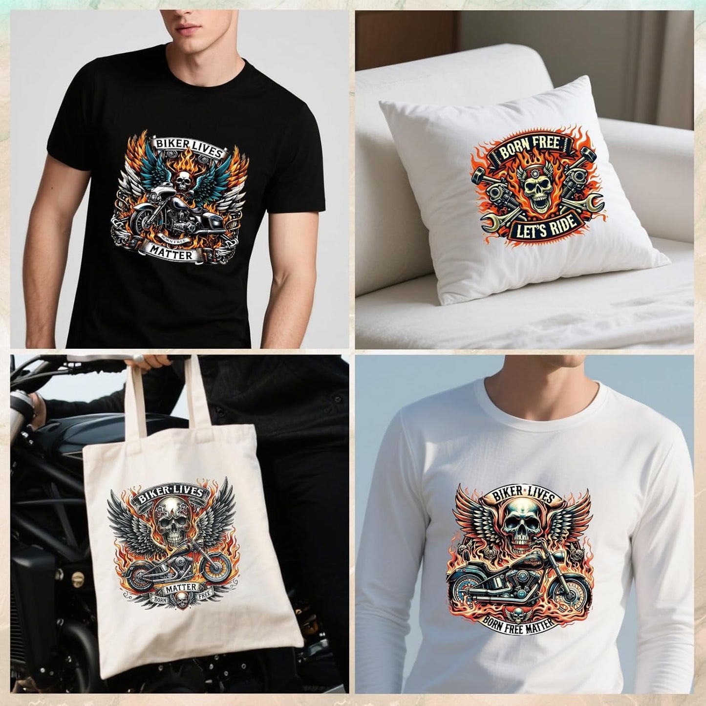 Dtf Transfers Ready to Press - 16 Pcs Motorbike Skull Iron on Transfers for T-Shirts Rider Biker Skull Heat Transfer Vinyl Decals Stickers Iron on Patches for Clothing Bag Hoodie DIY Crafts