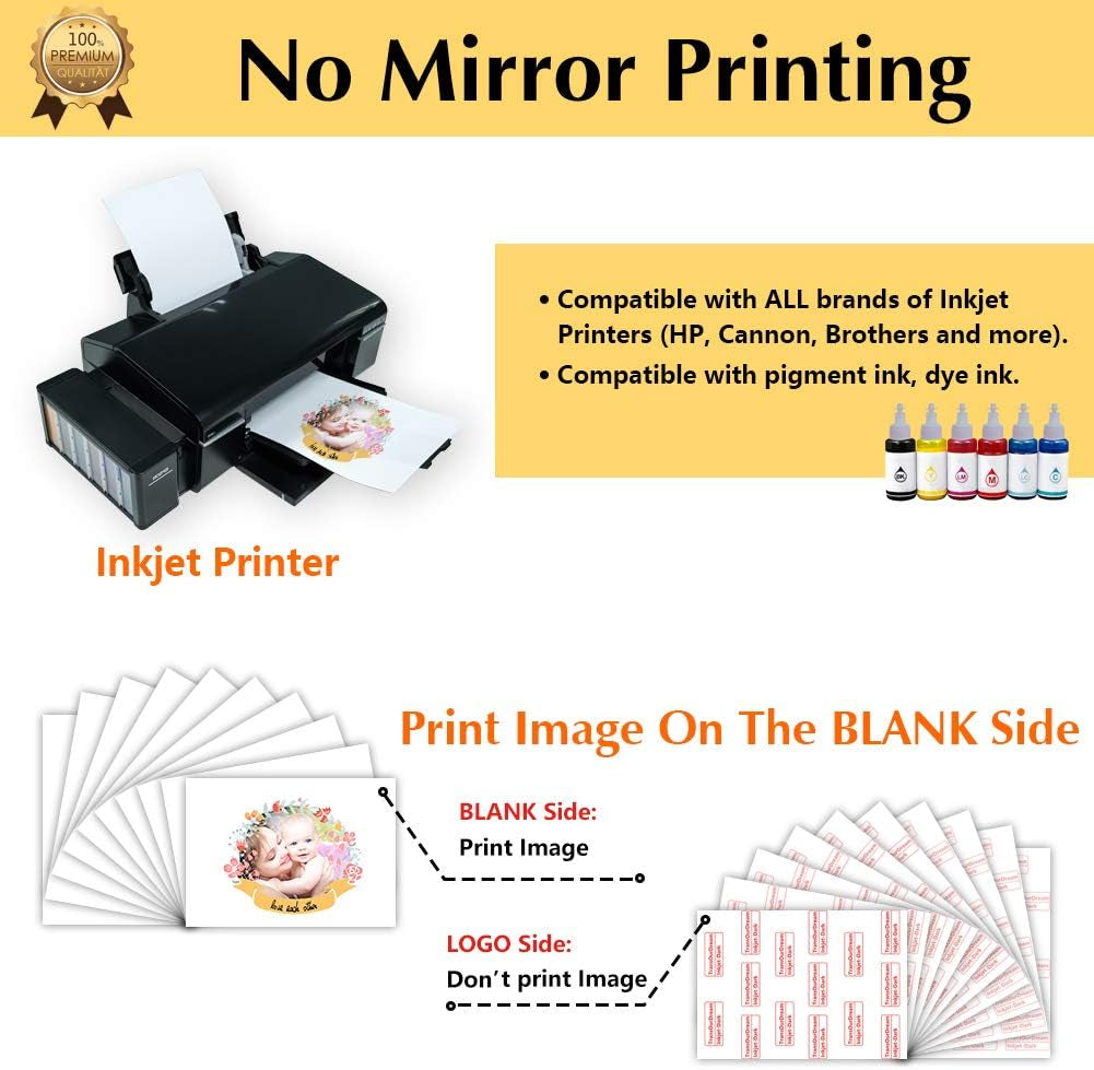 Transourdream Tru-Iron on Heat Transfer Paper for Dark Fabric (100 Sheets, 8.5X11") T Shirt Transfers Paper for Inkjet Printer Printable Heat Transfer Vinyl for T-Shirts (TRANS-D1-100)