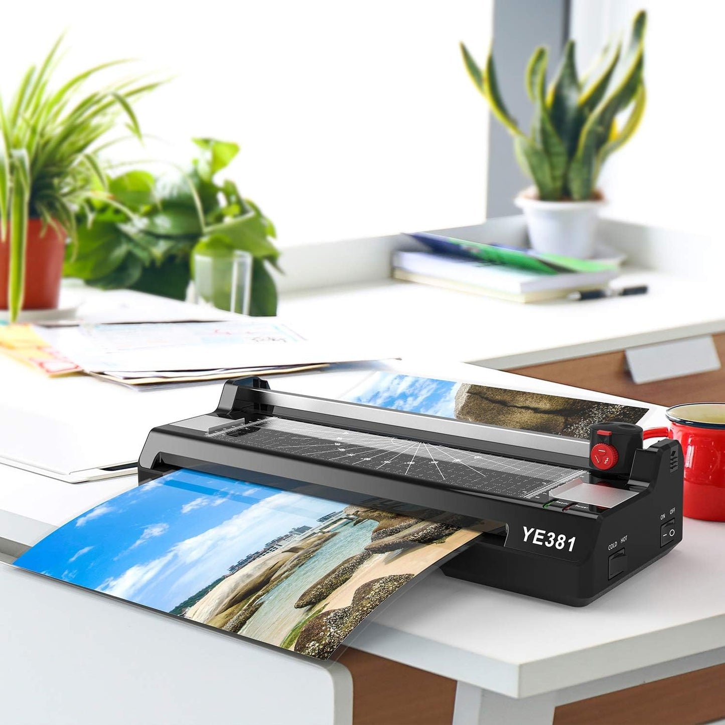 Laminator Machine for A3/A4/A6, YE381 13Inch Thermal & Cold Laminating Machine for Home Office School Teacher Use with 50 Pouches, Paper Trimmer and Corner Rounder | YE381 Thermal & Cold Laminating Machine for Home Office School Teacher Use , Built in Paper Trimmer and Corner Rounder