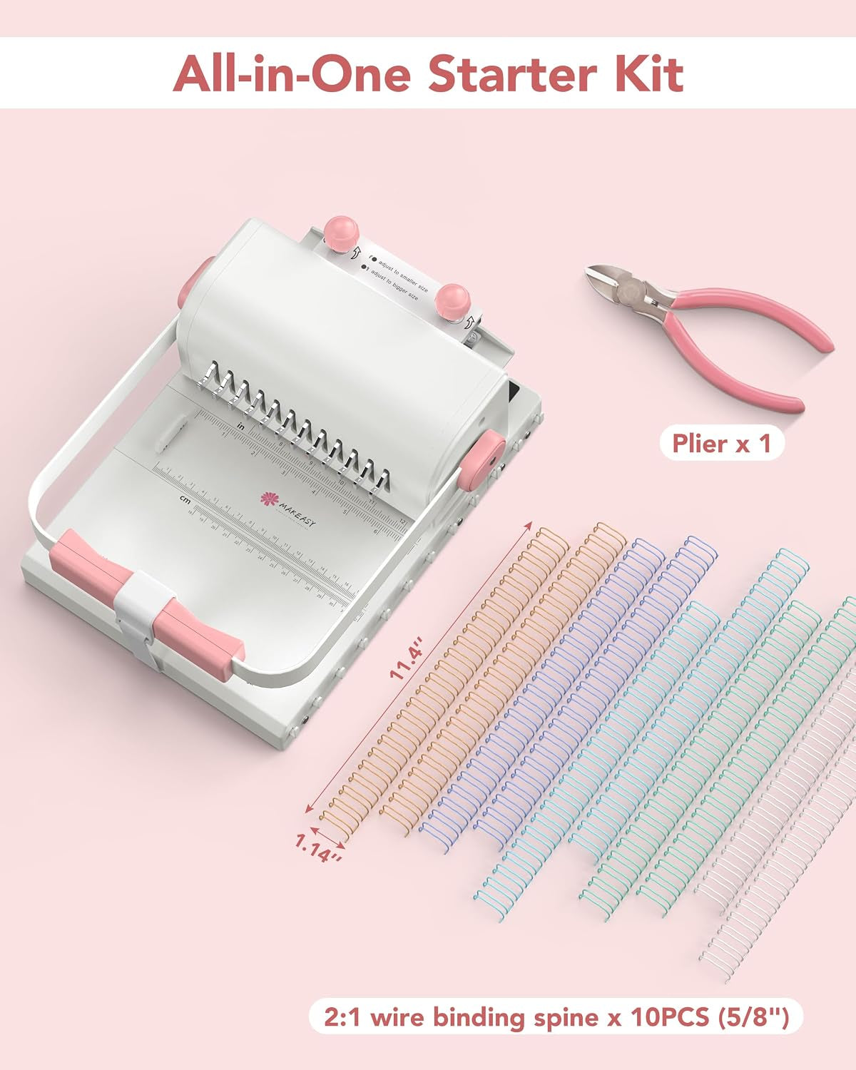 MAKEASY Binding Machine Hole Pitch 2:1 - Portable Book Binding Kit with 10PCS 5/8'' Binding Wires & Plier, for DIY Notebooks, Albums, Journals, and Calendars – Circle Holes, 20 Sheet Punch Capacity
