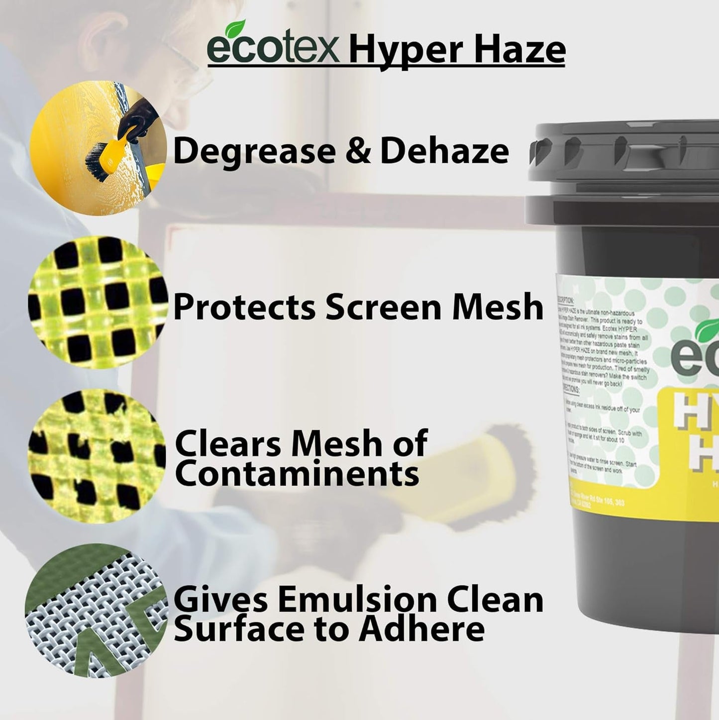 Ecotex® All Purpose Screen Printing Hyper Haze (Quart - 32Oz.) - Eco Friendly Haze Remover and Degreaser, Plastisol and Water Based Ink Remover - Silk Screen Cleaner for Screen Printing Screens
