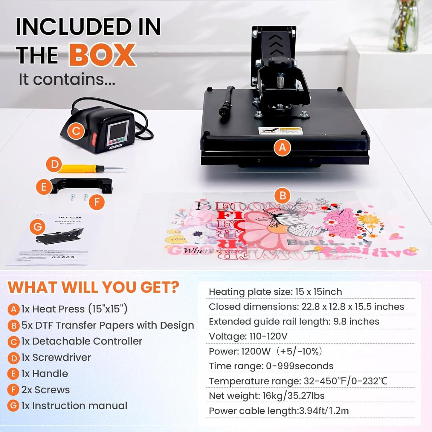 Whubefy Heat Press 15X15 Slide Out, Industrial-Quality Clamshell Sublimation Heat Transfer Machine with 5 DTF Transfer Sheets, Digital Heat Press Machine for T Shirts/Bags/Pillows/Mouse Pad (Black)