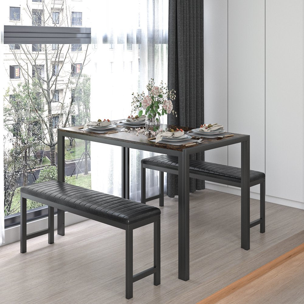 Dining Room Table Set, 3-Piece Marble Top Breakfast Nook Dining Table Set with 2 Upholstered Benches, Kitchen Table Set with Metal Frame, Modern Furniture for Home Cafeteria, Brown