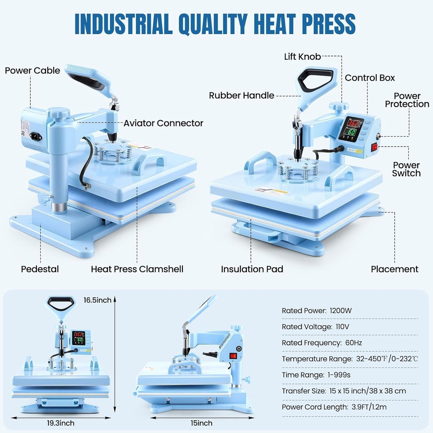 AKEYDIY Heat Press 15X15 Inch 5 in 1 with 30OZ Tumbler Press, 360° Swivel Away Slide Out Digital Shirt Press Machine, Industrial Heat Transfer Machine Sublimation for T-Shirt (15X15-5 in 1 Blue)
