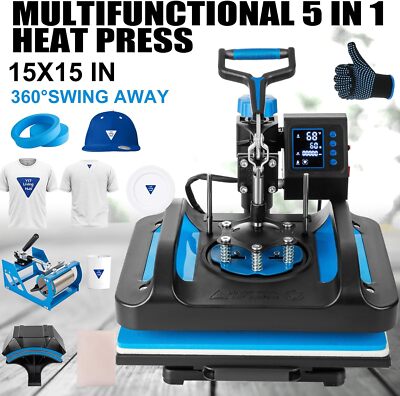 5IN1 Heat Press Machine 12"x10" Sublimation Transfer T-Shirt Mug Plate Hat Blue