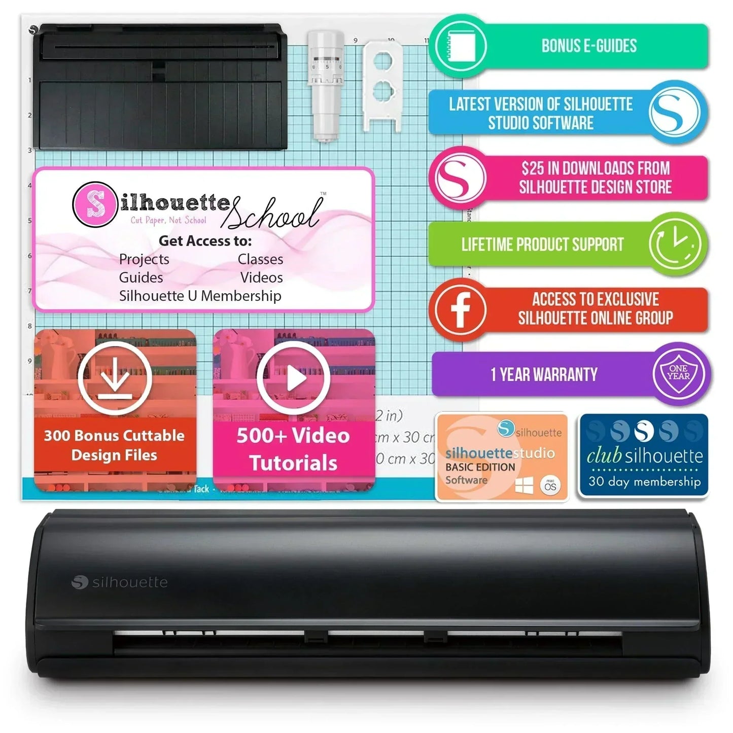 Silhouette Black Cameo 5 w/ Deluxe Blade & Tool Pack, Mat Pack, Guides, Designs