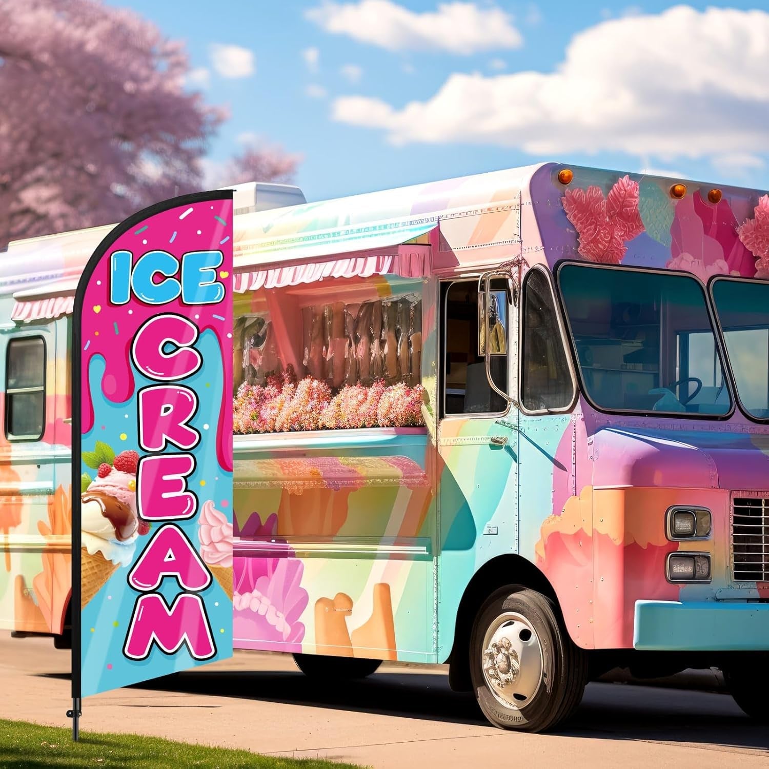 Ice Cream Advertising Feather Flag 7 Ft Advertising Swooper Flag Banner Signs with Pole and Ground Stake for Store Business Outside