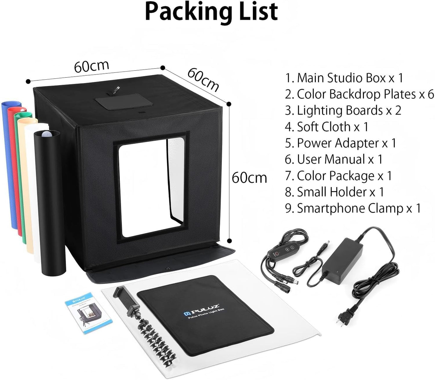 Photo Box, PULUZ 24"X24" Photo Studio Light Box for Photography Portable Large Lightbox Photo Booth Kit with 6 Colors Photo Backdrops-Dimmable 120Pcs LED Beads, 5500K Lighting, US Plug