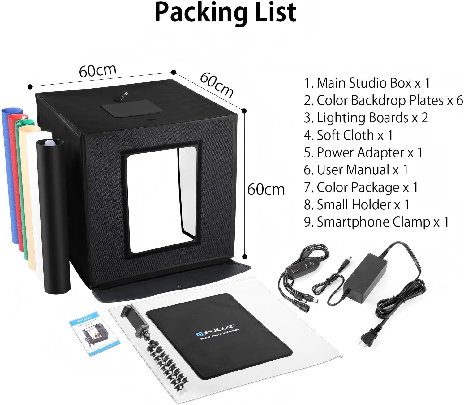 Photo Box, PULUZ 24"X24" Photo Studio Light Box for Photography Portable Large Lightbox Photo Booth Kit with 6 Colors Photo Backdrops-Dimmable 120Pcs LED Beads, 5500K Lighting, US Plug