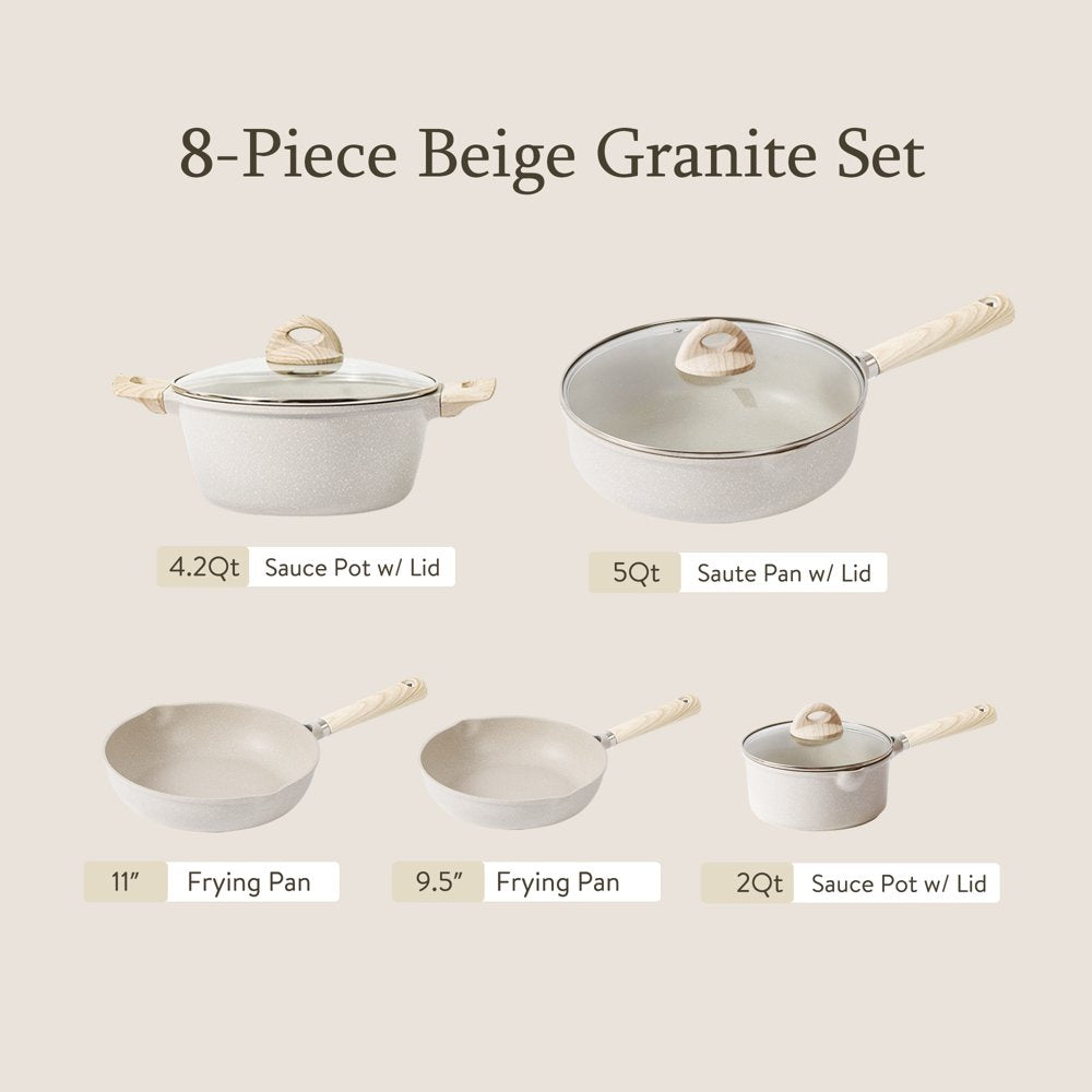 Nonstick Pots and Pans Set, 8 Pcs Induction Kitchen Cookware Sets (Beige Granite)