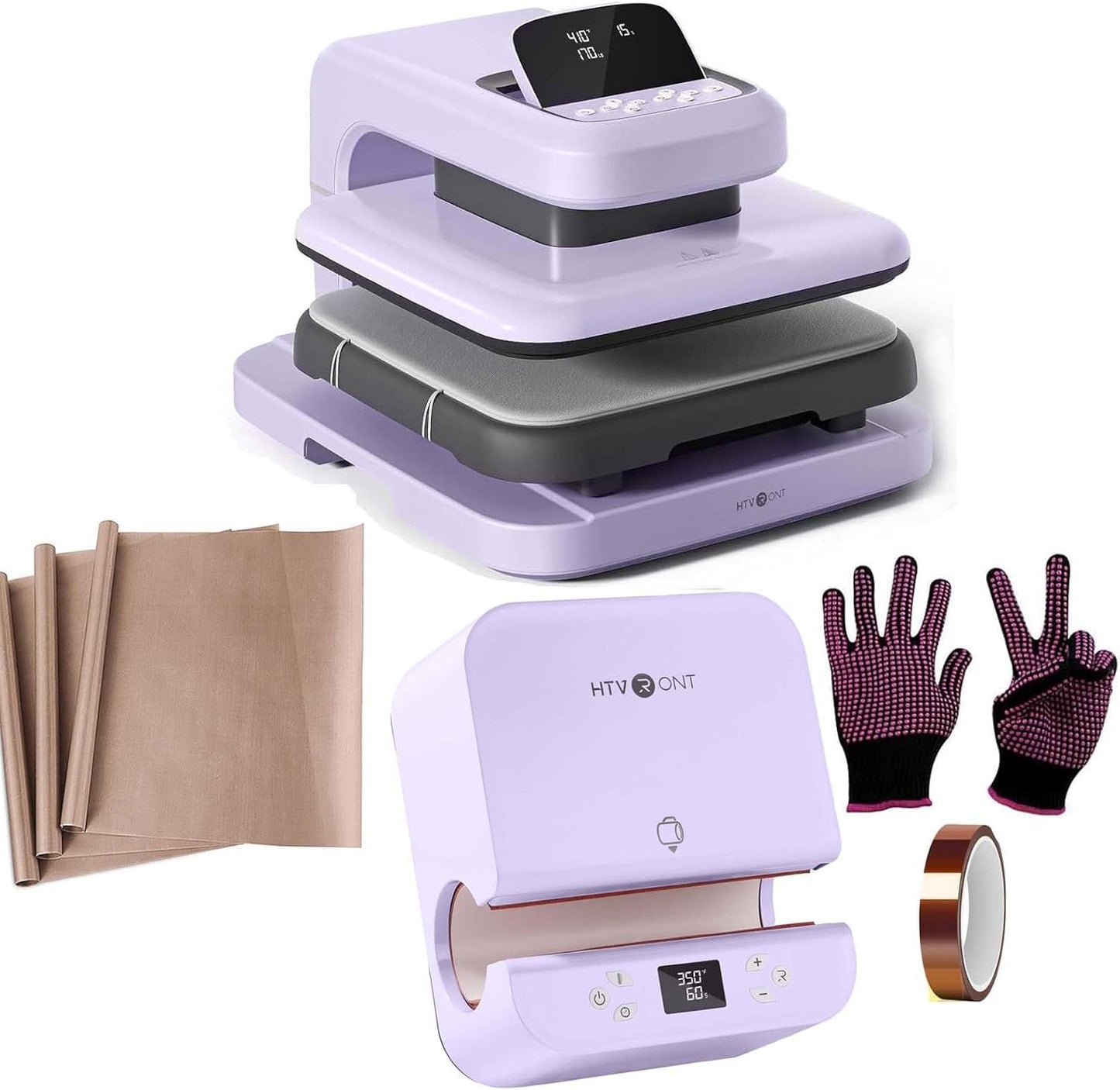 Auto Heat Press 2, Auto Tumbler Heat Press Purple, Teflon Sheets, Heat Resistant Gloves, Heat Tape