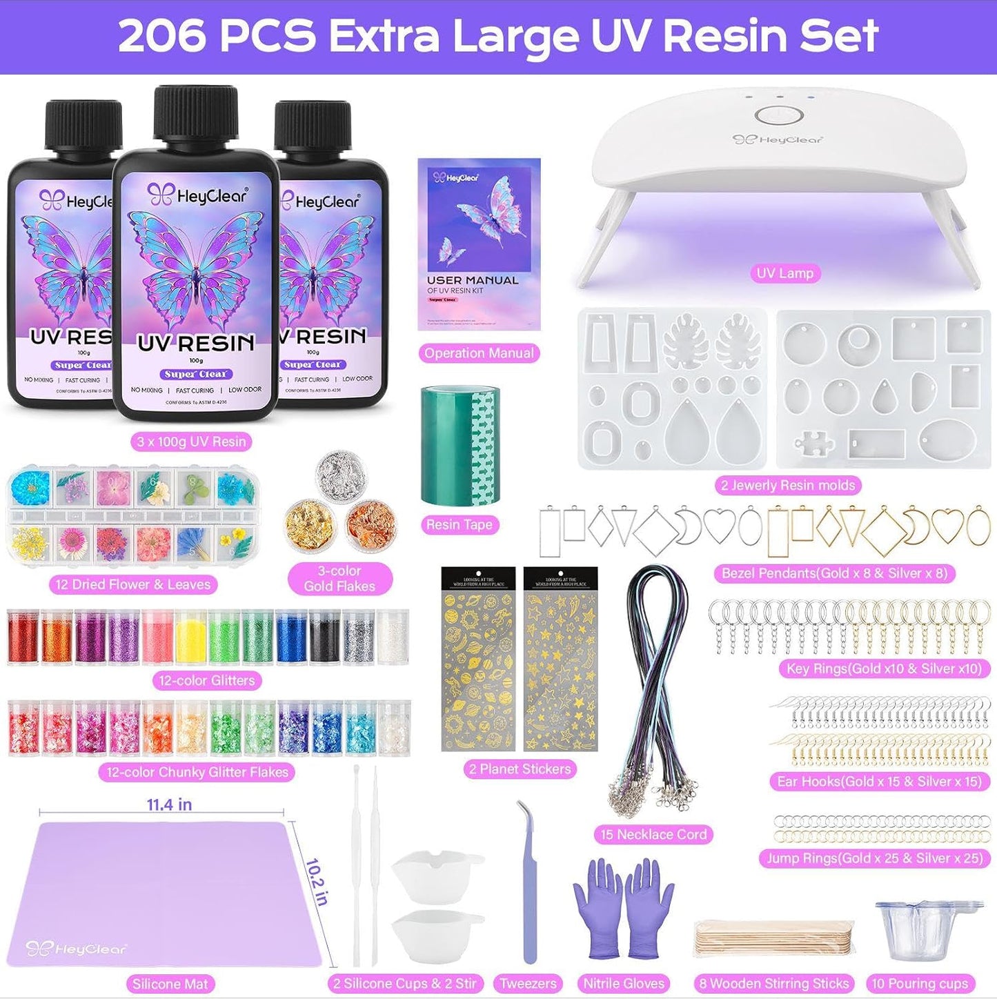 Heyclear UV Resin Molds Jewelry Making Kit with Light -300G Super Clear, Hard, Low Odor, Premixed and Fast Curing for Keychains, Earrings, DIY Craft Decorations