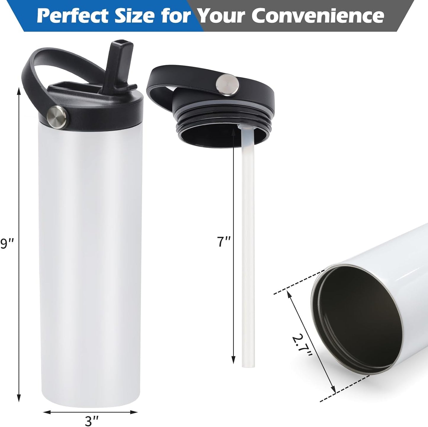 25 Pack Sublimation Tumblers Flat Edge Blanks Skinny Straight 20 Oz, Stainless Steel Double Wall Insulated Sublimation Water Bottles with Portable Handle & Straw Lids for Heat Transfer, White