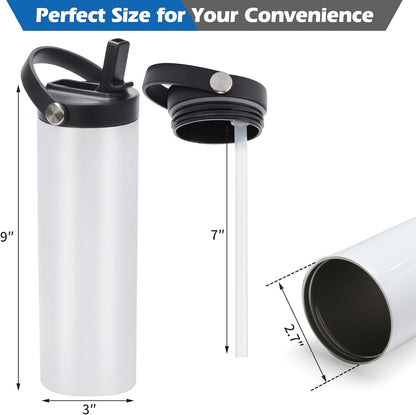 25 Pack Sublimation Tumblers Flat Edge Blanks Skinny Straight 20 Oz, Stainless Steel Double Wall Insulated Sublimation Water Bottles with Portable Handle & Straw Lids for Heat Transfer, White