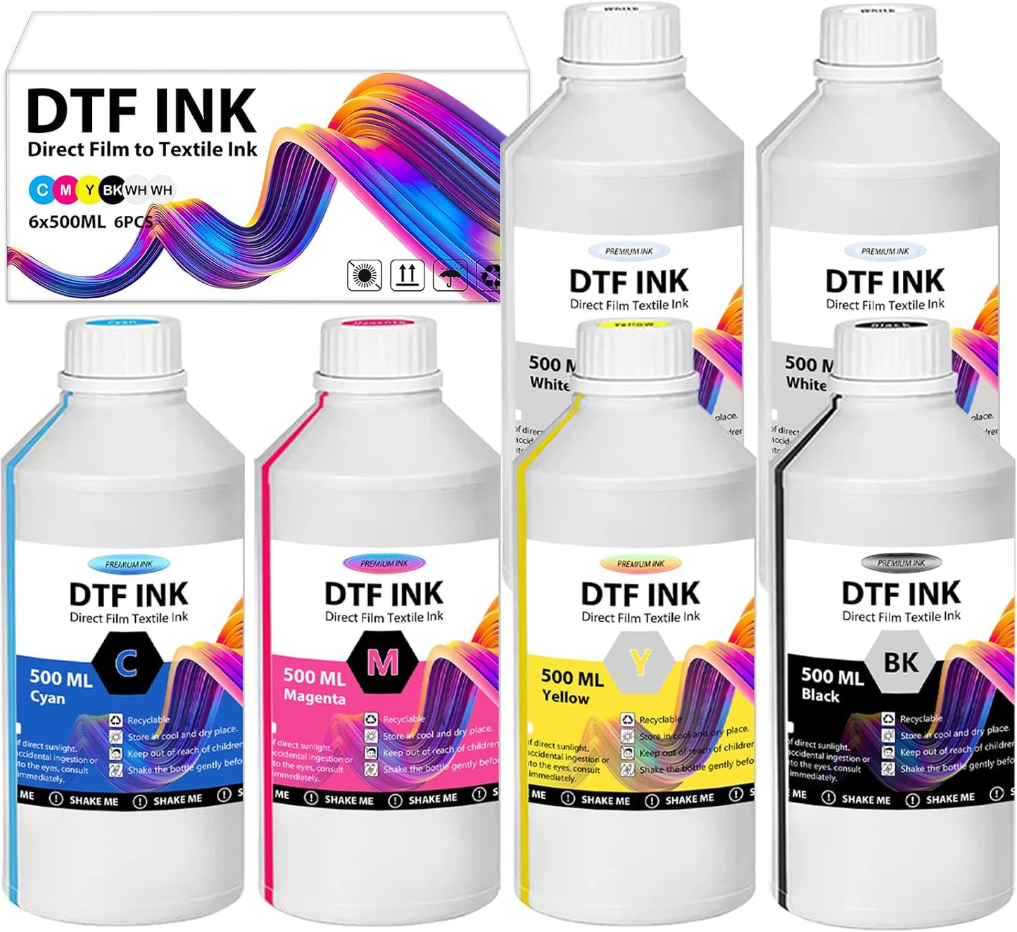 DTF Ink - 3000ML DTF Transfer Ink for PET Film, Premium Pigment Ink Refill for P600 P800 DX5 DX7 R1390 XP600 I3200 4720 5113 Printers, High Fluidity & Coverage (500ML*6, 2W+BKCMY)