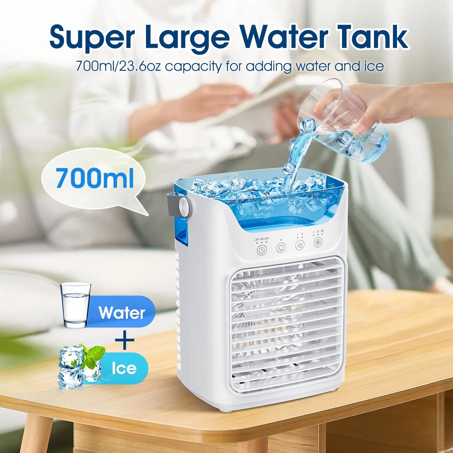 Portable Air Conditioner, Personal Air Conditioner, Tabletop Mini AC, 3 in 1 Evaporative Air Cooler with 3 Speeds, 2 Mist Spray, 7 Color Ambient Lights, 24Oz Removable Water Tank for Bedroom Office