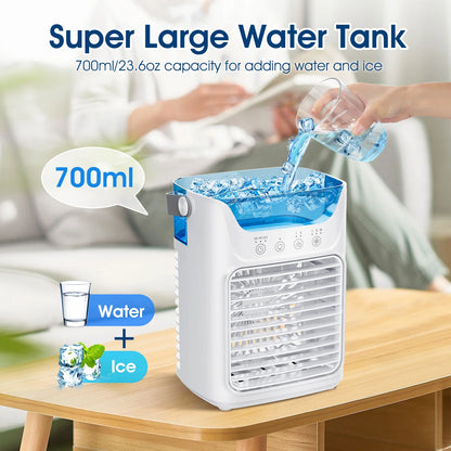 Portable Air Conditioner, Personal Air Conditioner, Tabletop Mini AC, 3 in 1 Evaporative Air Cooler with 3 Speeds, 2 Mist Spray, 7 Color Ambient Lights, 24Oz Removable Water Tank for Bedroom Office