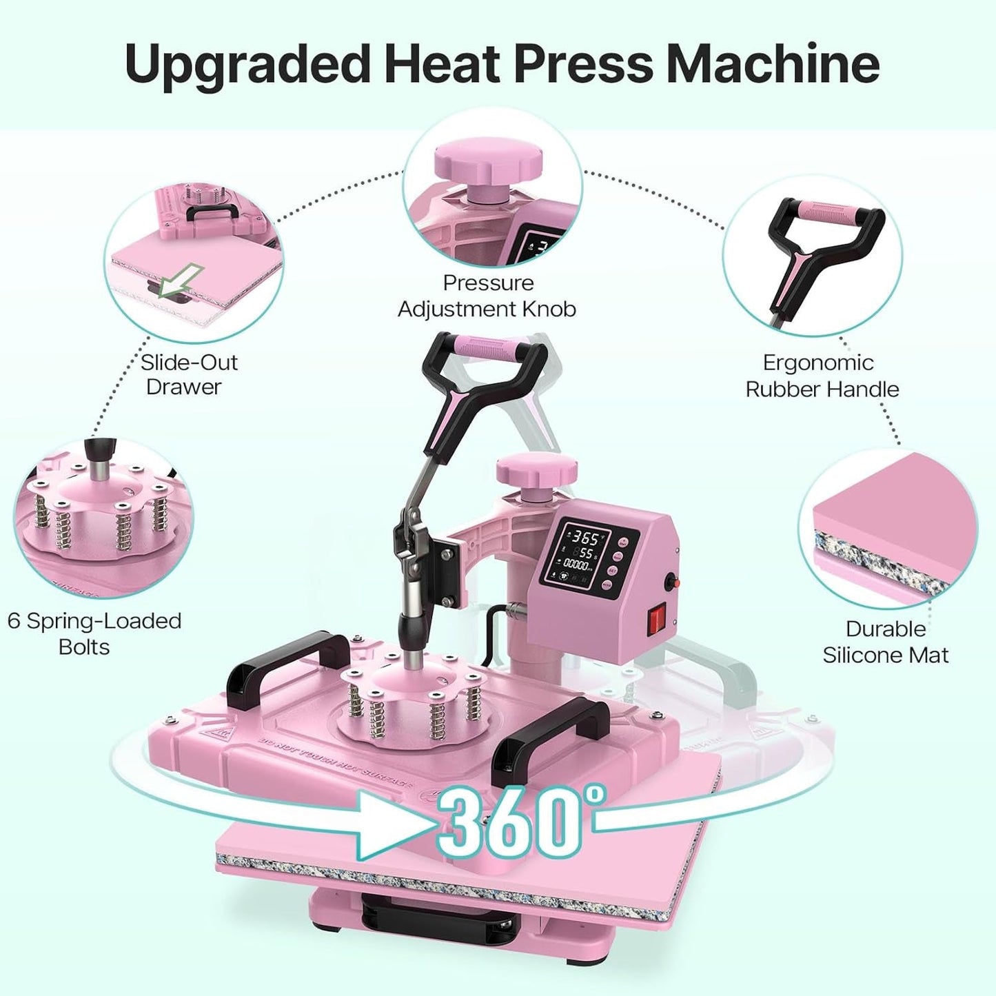 Slendor 5 in 1 Heat Press Machine 12X15 Inch Sublimation Heat Press 360° Swing Away Heat Transfer Digital T-Shirt Pressing with 30OZ 20OZ Tumbler Press, Multifunction Combo for Hat Cap Plate