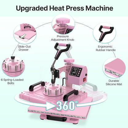 Slendor 5 in 1 Heat Press Machine 12X15 Inch Sublimation Heat Press 360° Swing Away Heat Transfer Digital T-Shirt Pressing with 30OZ 20OZ Tumbler Press, Multifunction Combo for Hat Cap Plate