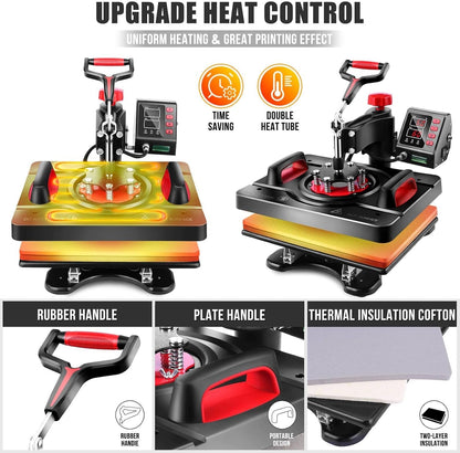 WHUBEFY Heat Press, 15X12 Inch 8 in 1 Shirt Press Multifunction Combo 360° Swing Away Digital Printing Heat Transfer Sublimation Machine Vinyl Heat Press Machine for T Shirts, Cap, Mug, Plate, DIY