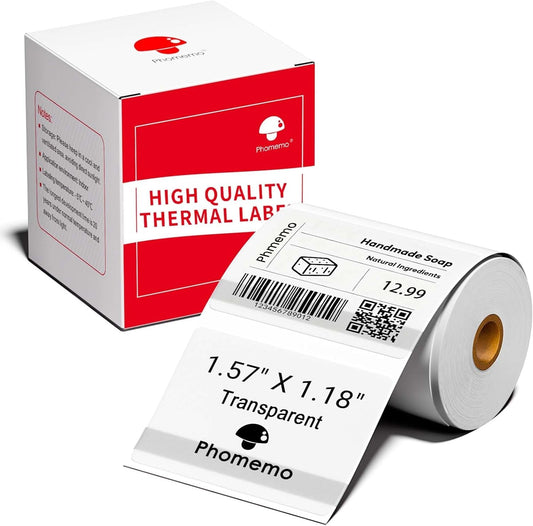 Phomemo M110 Transparent Labels-Sticker Labels for M110/M100/M220/M221/M108 Label Printer,1.57"X 1.18" (40Mm X 30Mm), 230 Labels/Roll, for Barcode/Address/Mailing/Logo/Business/Home Tag