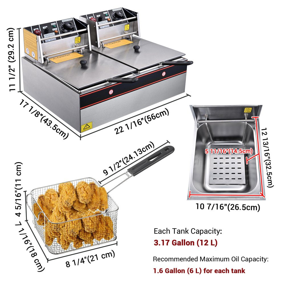 24L 5000W Electric Countertop Deep Fryer Dual Tank Basket for Commercial Restaurant