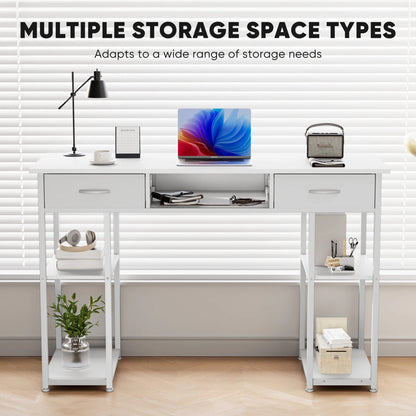 Small Desk Fabric Drawers & Storage Shelves, Home Office Computer Desk, Writing Desk Small Space Desk Study Table for Home, Bedroom, 48 Inch, White