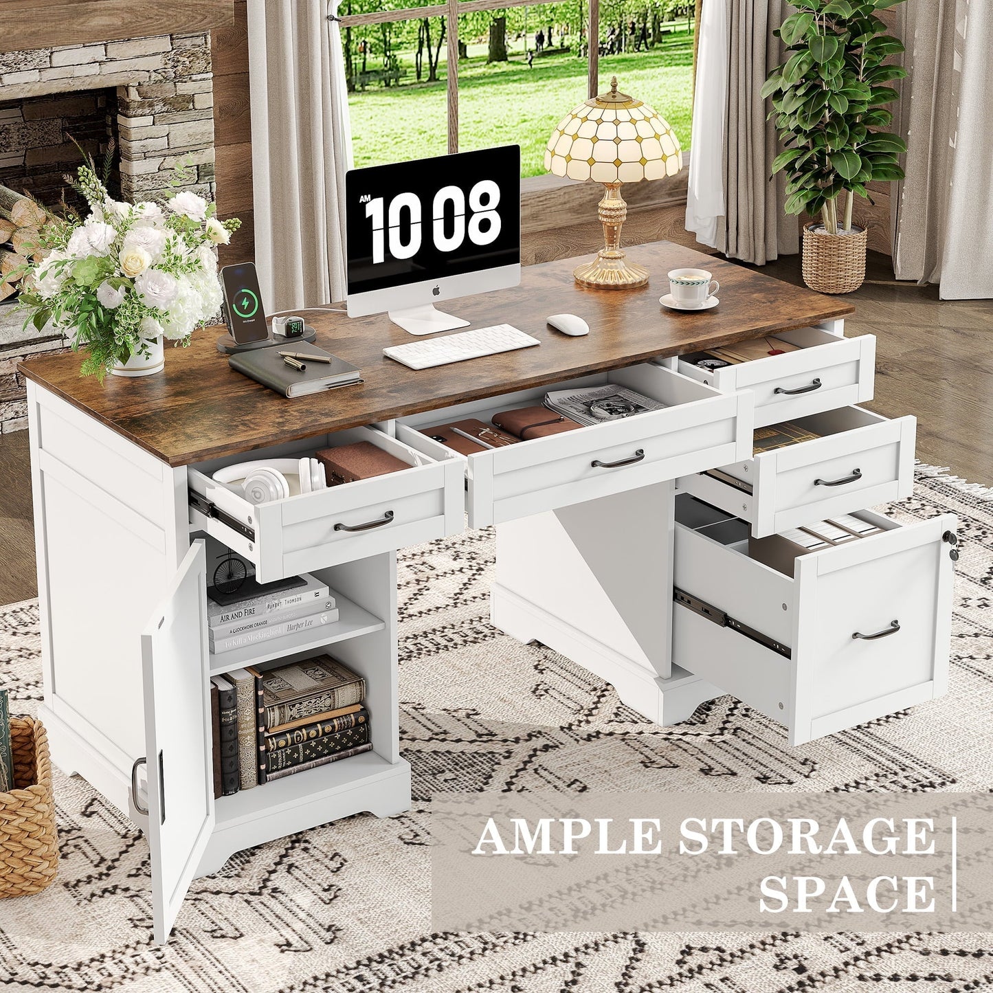 Executive Desk with File Drawers, 55'' Farmhouse Desk Modern for Adult Home Office, White