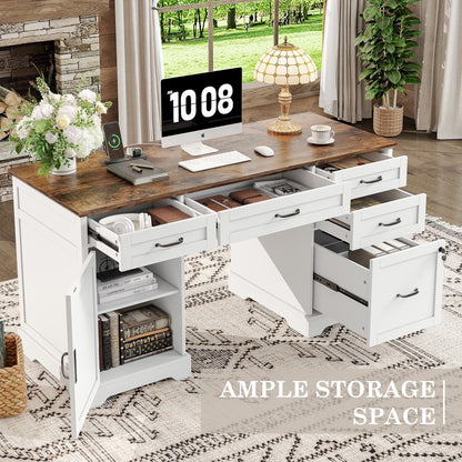 Executive Desk with File Drawers, 55'' Farmhouse Desk Modern for Adult Home Office, White