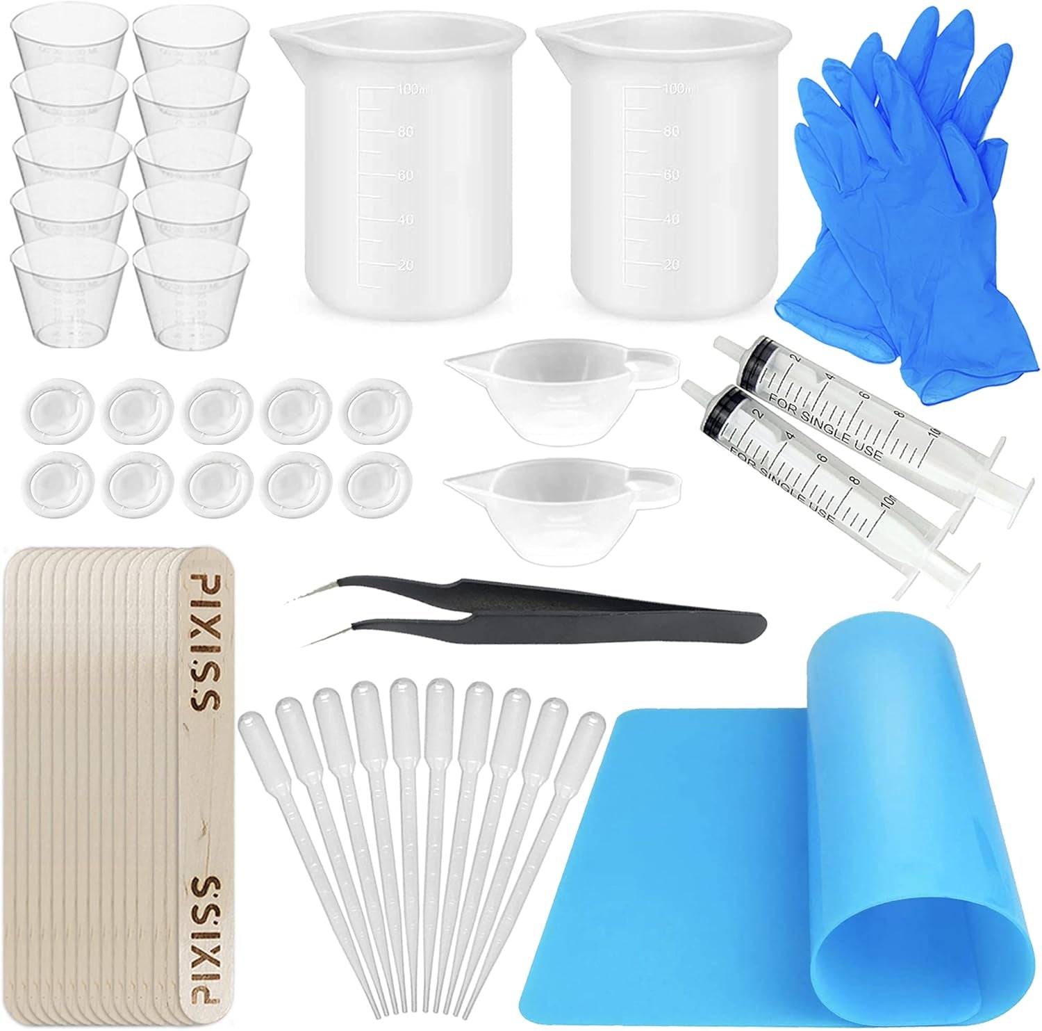 Silicone Resin Measuring Cups Tool Kit- Pixiss 100Ml Measure Cups, 1Oz Cups, Popsicle Stir Sticks, Pipettes, Finger Cots, Silicone Gloves, Silicone Mat for Epoxy Resin Mixing, Molds, Jewelry Making