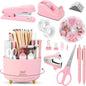 SKYDUE Pink Desk Accessories 10Pcs, Rotating Pen Holder for Desk, Stapler, Staple Remover, Tape Dispenser,2Pcs Tape Refills, Binder Paper Clips Kit, Scissor,Pink Office School Supplies