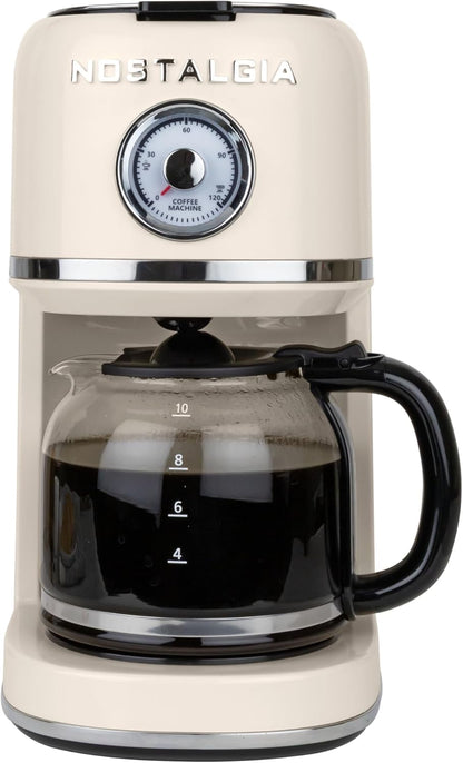 Nostalgia Classic Retro 10 Cup Coffee Maker - One-Touch Drip Brew, Reusable Filter - Anti-Drip, Auto Shutoff, & Time Display - Dishwasher Safe 50 Oz Carafe - Cream