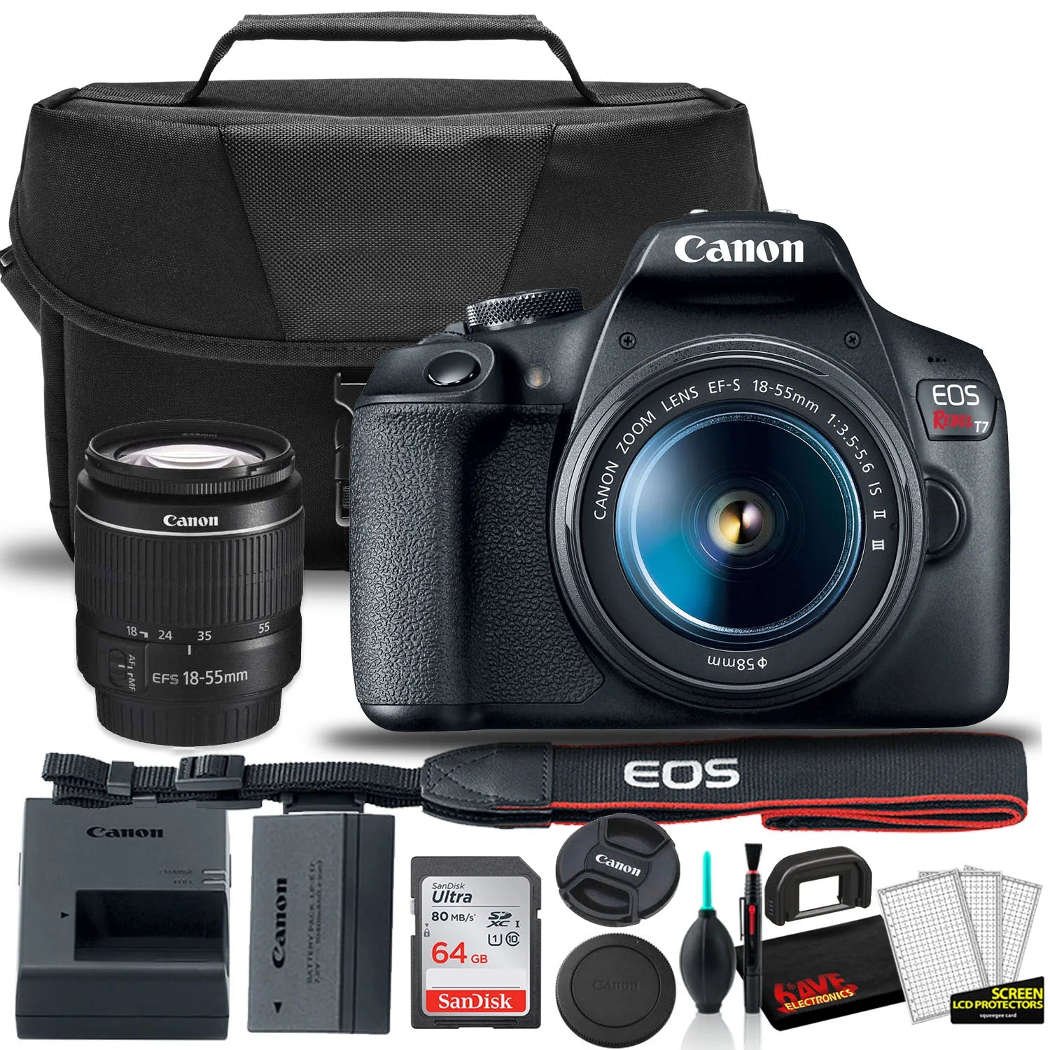 Canon EOS Rebel T7 DSLR Camera with 18-55Mm Lens (Wi-Fi) Bundle with Bag, 64GB Memory Card & Accessories (International Model)
