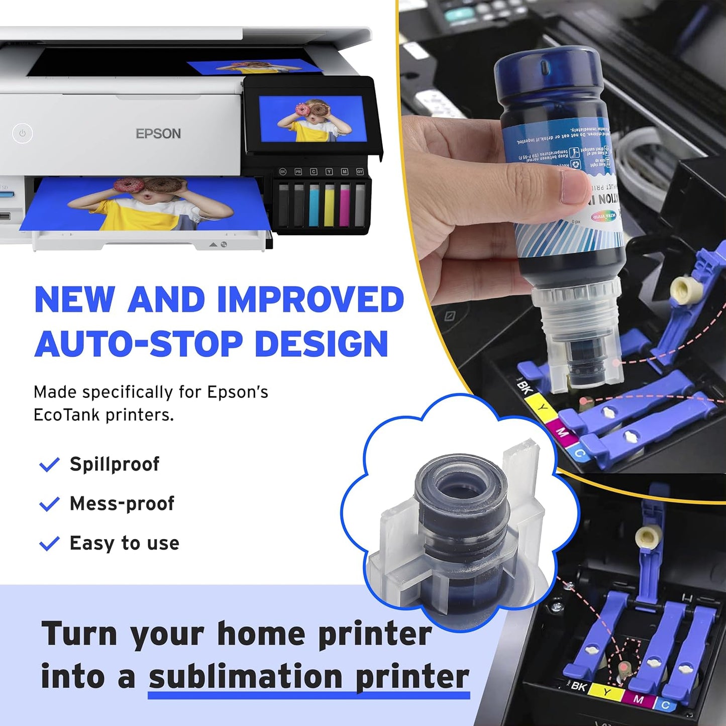 Printers Jack 600ML Sublimation Ink for ET-8550 ET-8500 Wide-Format Supertank Printers Heat Press Transfer on T-Shirt (6X100Ml, 6 Colors-Bk PB CM Y GY) Bigger Bottles with More Ink Auto Fill the Tanks