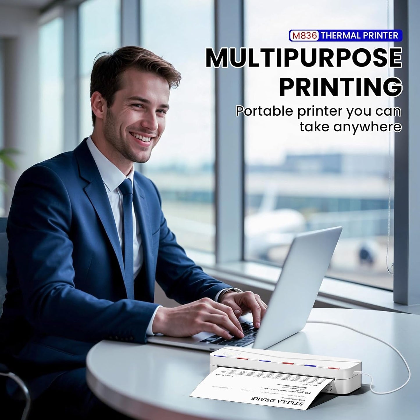 Phomemo Portable Thermal Printer - Portable Printer Wireless for Travel, Support 8.5'' X 11'' US Letter & A4, M836 Bluetooth Inkless Printer for Home Use, for Iphone & Laptop, 1 Roll Paper
