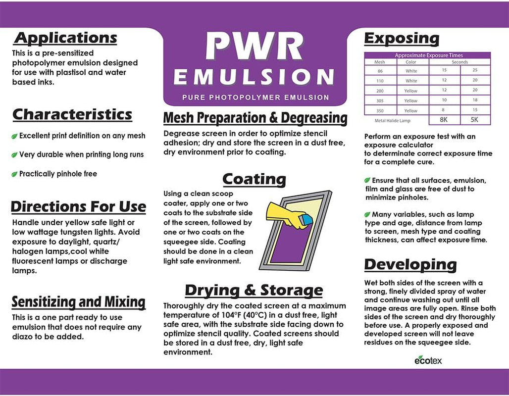 Ecotex® PWR Screen Printing Emulsion (Quart - 32Oz.) Pre - Sensitized Photo Emulsion for Silk Screens and Fabric - for Screen Printing Plastisol Ink and Water Based Ink, Screen Printing Supplies