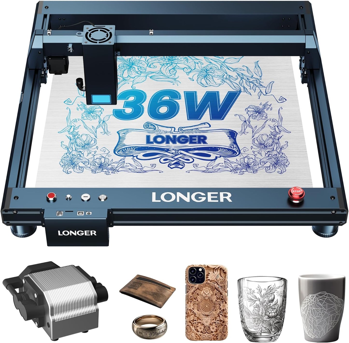 Longer Laser B1 Engraver, 36000Mw Laser Cutter Engraving Machine with Air Assist, DIY Precisely Laser Engraving Machine, CNC Machine for Wood and Metal, Acrylic, Leather, Etc.Laser Class II