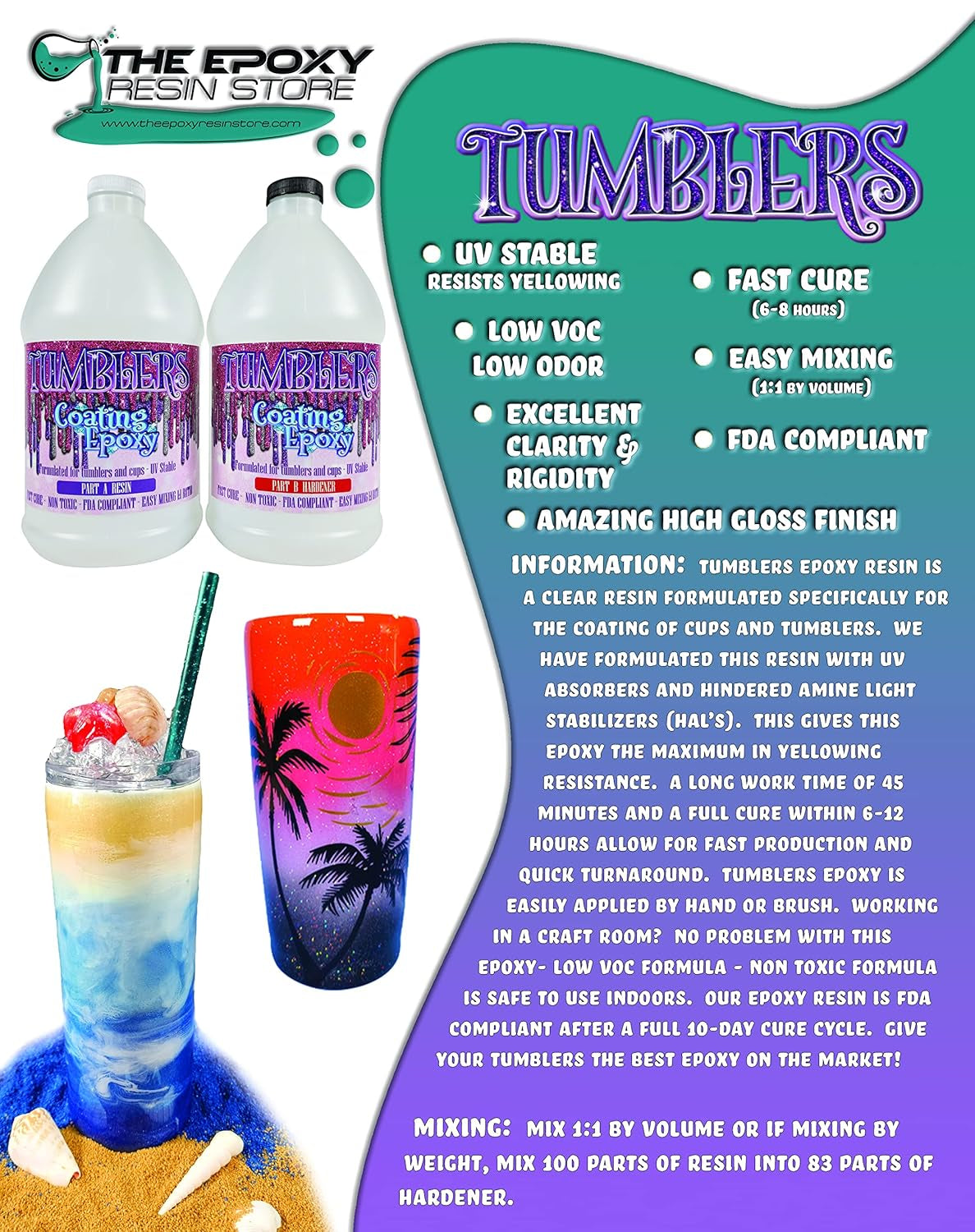 The Epoxt Resin Store - Tumbler Coating Epoxy Resin, Super Gloss Shine, Fast Cure, Self Leveling, Low Odor, Easy Mixing (1-1), UV Stable, 2 Part 1 Gallon Kit