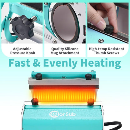 Colorsub 3 in 1 40 OZ Tumbler Heat Press Machine 11 OZ 15 OZ Mug Press Sublimation Machine for Sublimation 40 OZ Tumbler with Handle Straight Tumblers Bottles Mugs Glass Cup Printing Teal