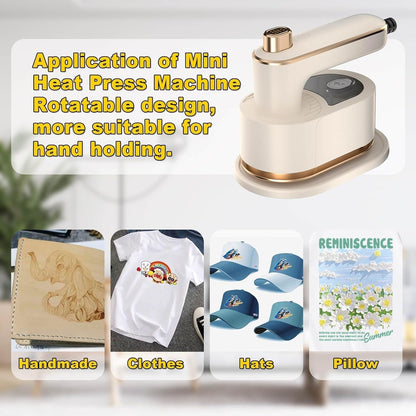 Portable Mini Heat Press Machine, Mini Craft Iron Easy to Use-T Shirts Printer for T Shirts Shoes Hats Bag Small HTV Iron on Vinyl Projects, Mini Steam Iron, Easypress, Heating Transfer