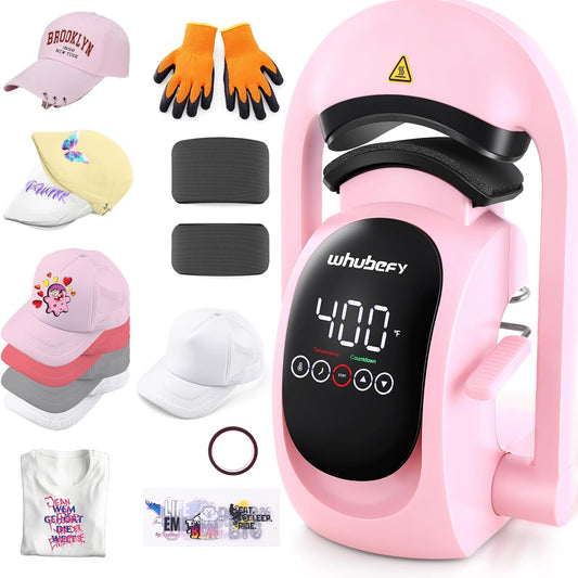Whubefy Auto Hat Heat Press Machine, Hat Heat Transfer 3-In-1 Cap Heat Press with 3 Pcs Interchangeable Platens (70/80/90Mm), Pink Touchscreen Hat Press Machine with 5 DTF, 1 Hat, for All Hat Shapes