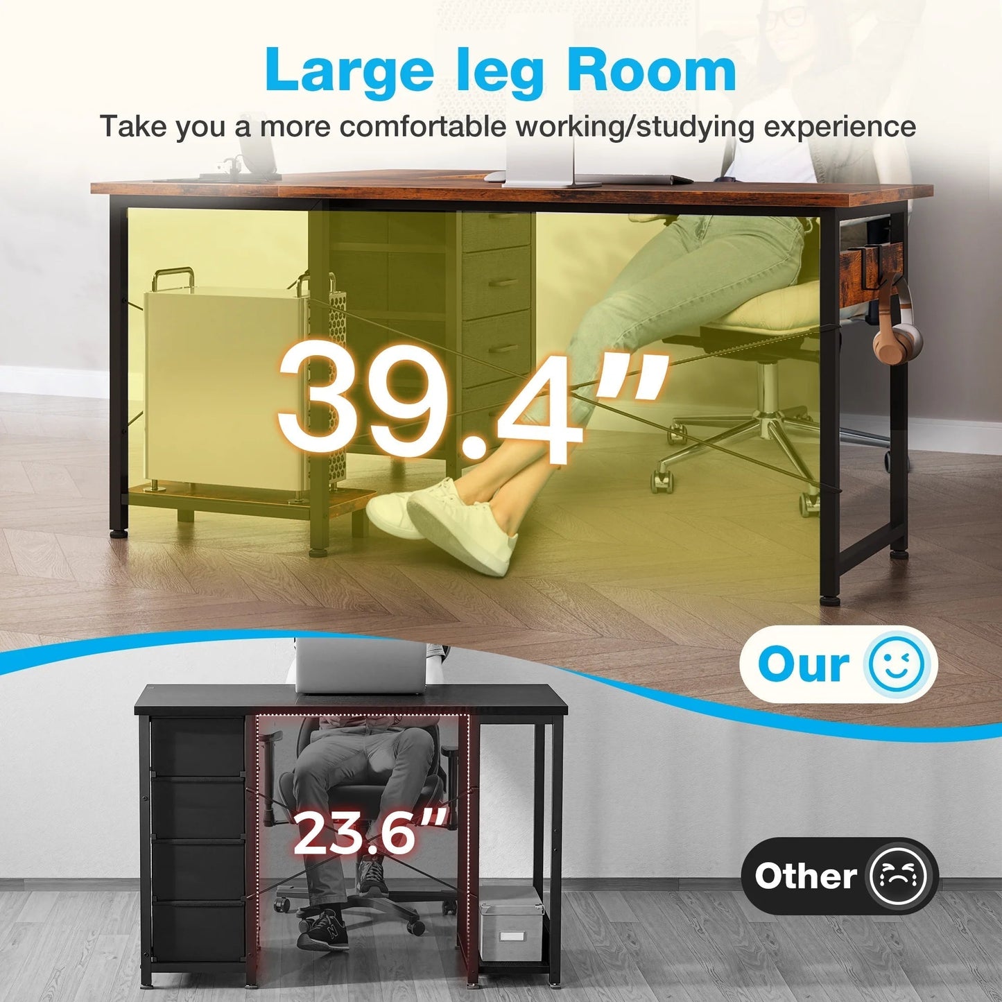 L Shaped Computer Desk with Charging Station, 53 Inch PC Table Study Desk 4 Tier Drawers, Modern Simple Style Laptop Desk for Bedroom, Vintage